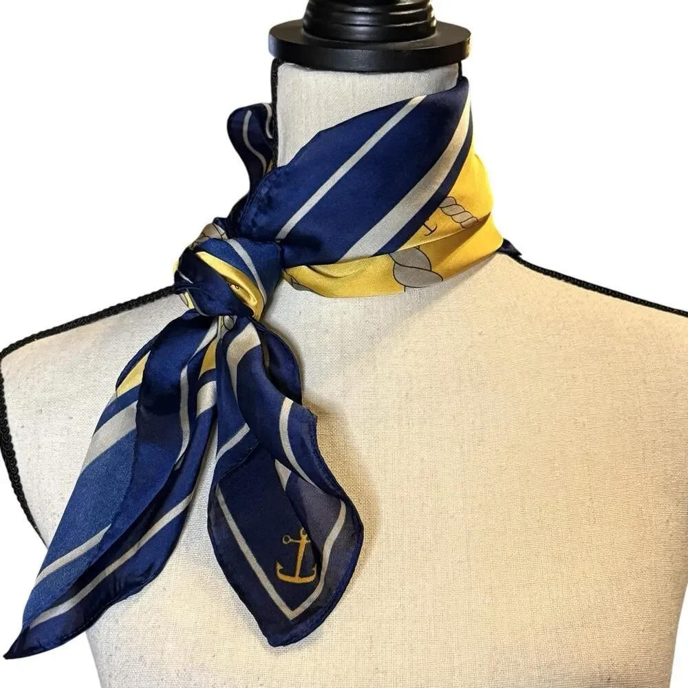 Nautical Anchor Rope Chain 100% Silk Square Scarf Navy Yellow White Classic 27”